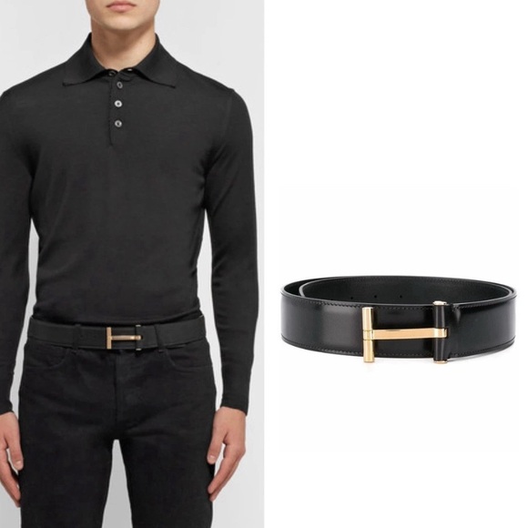 $910 Tom Ford Smooth Leather T Belt Simple Gold Buckle Size 95 IT 34-38” Waist - Picture 1 of 8